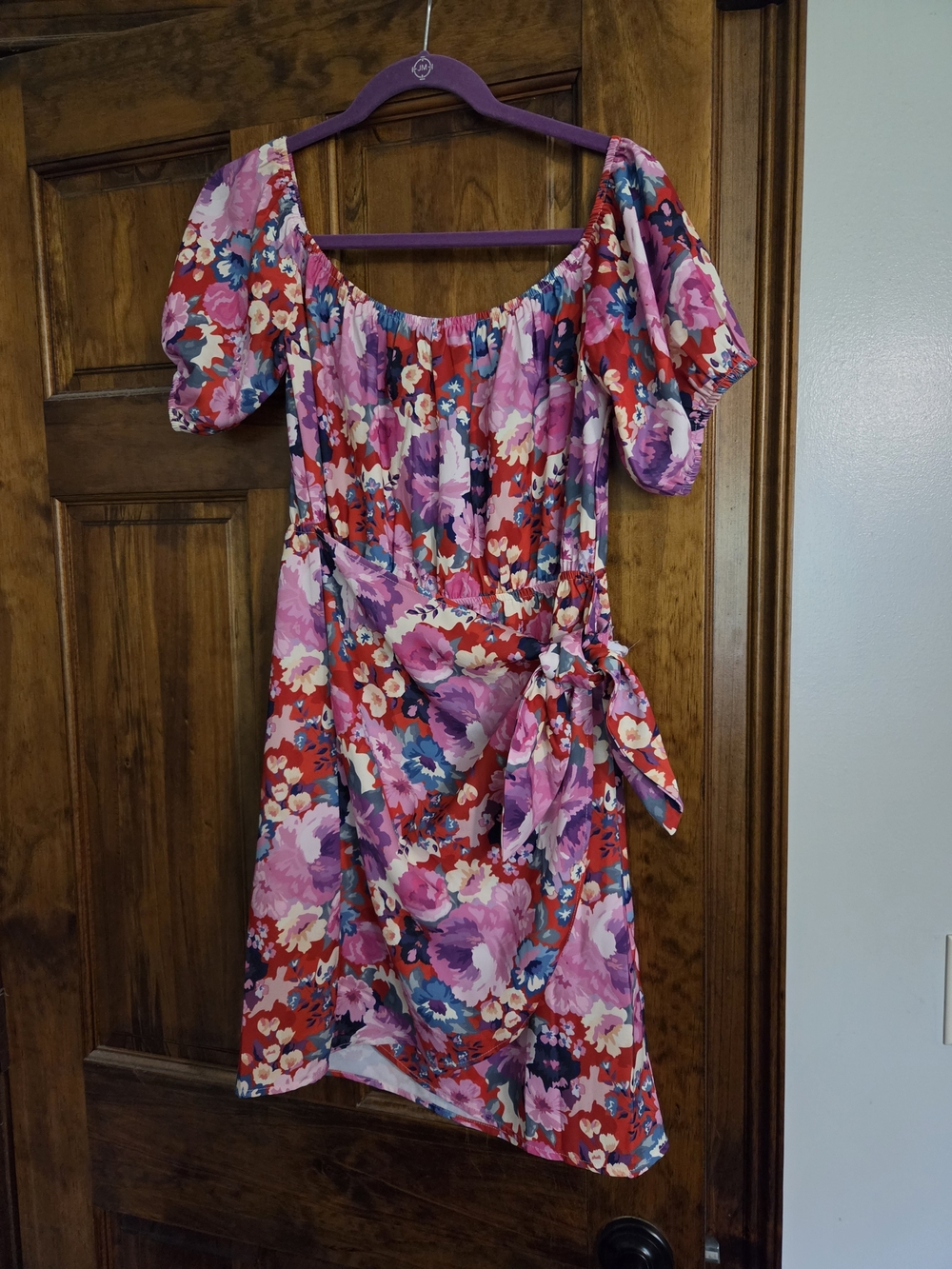 Kittenish Red and Pink Floral Puff-Sleeve Mini Dress